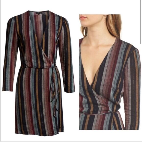 Rails Lola preppy minimalist striped v neck wrap dress linen coastal S - Picture 2 of 12